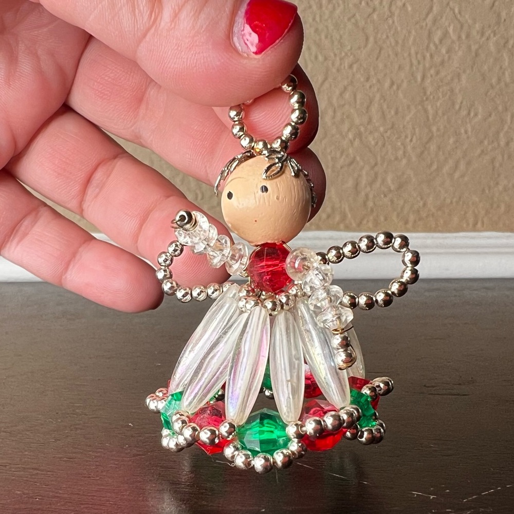 Vintage 1990’s Beaded Angel Christmas Ornament, Acrylic, Plastic, Xmas Décor